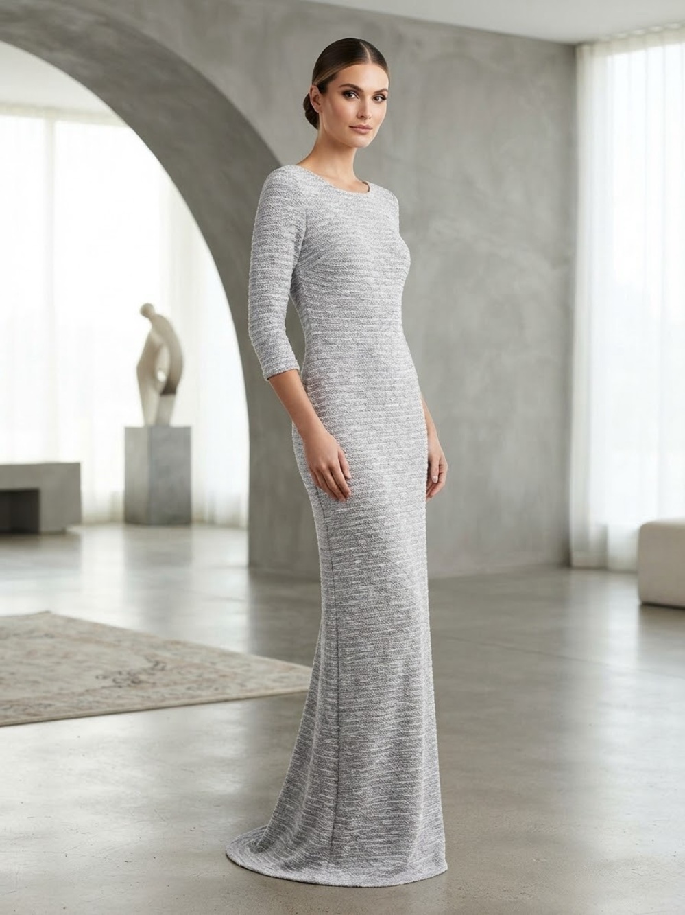 St. John Silver Gray Long Sleeve Knit Maxi Dress